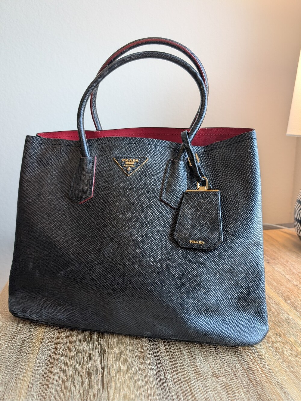 Prada Black Saffiano Tote with Red Interior and Gold Hardware